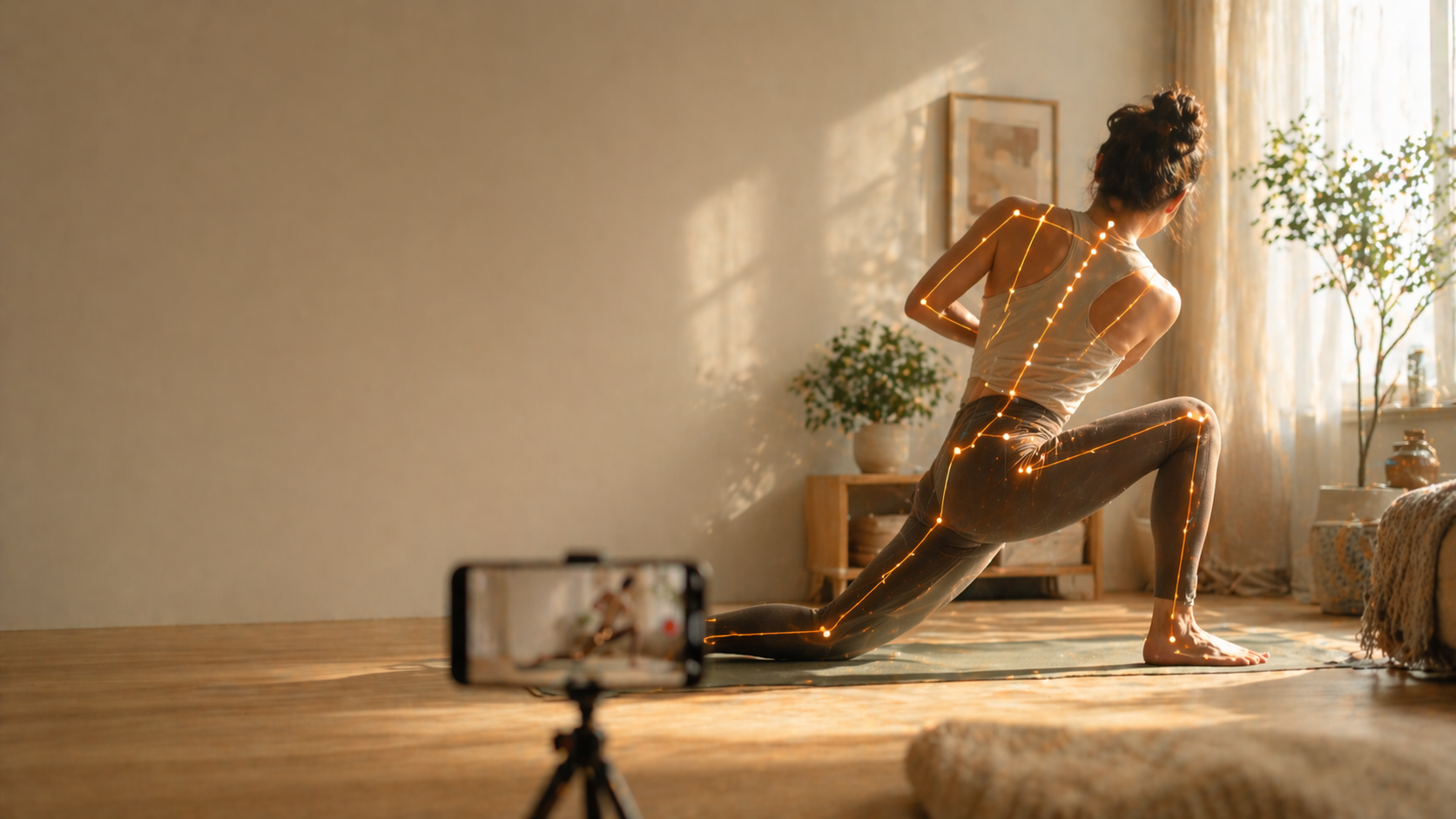 Person performing a rehabilitation stretch with AI-powered skeletal tracking overlay